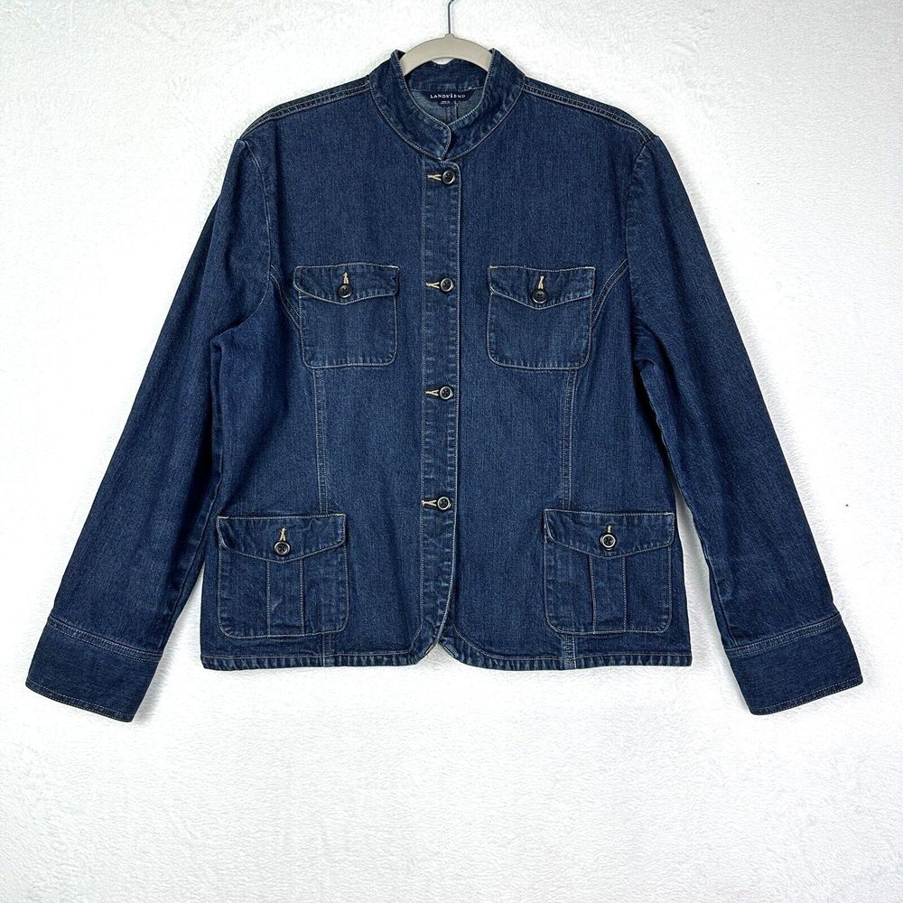 Lands End Button Up Denim Jean Jacket Womens XL 18/20  Dark Wash Pockets
